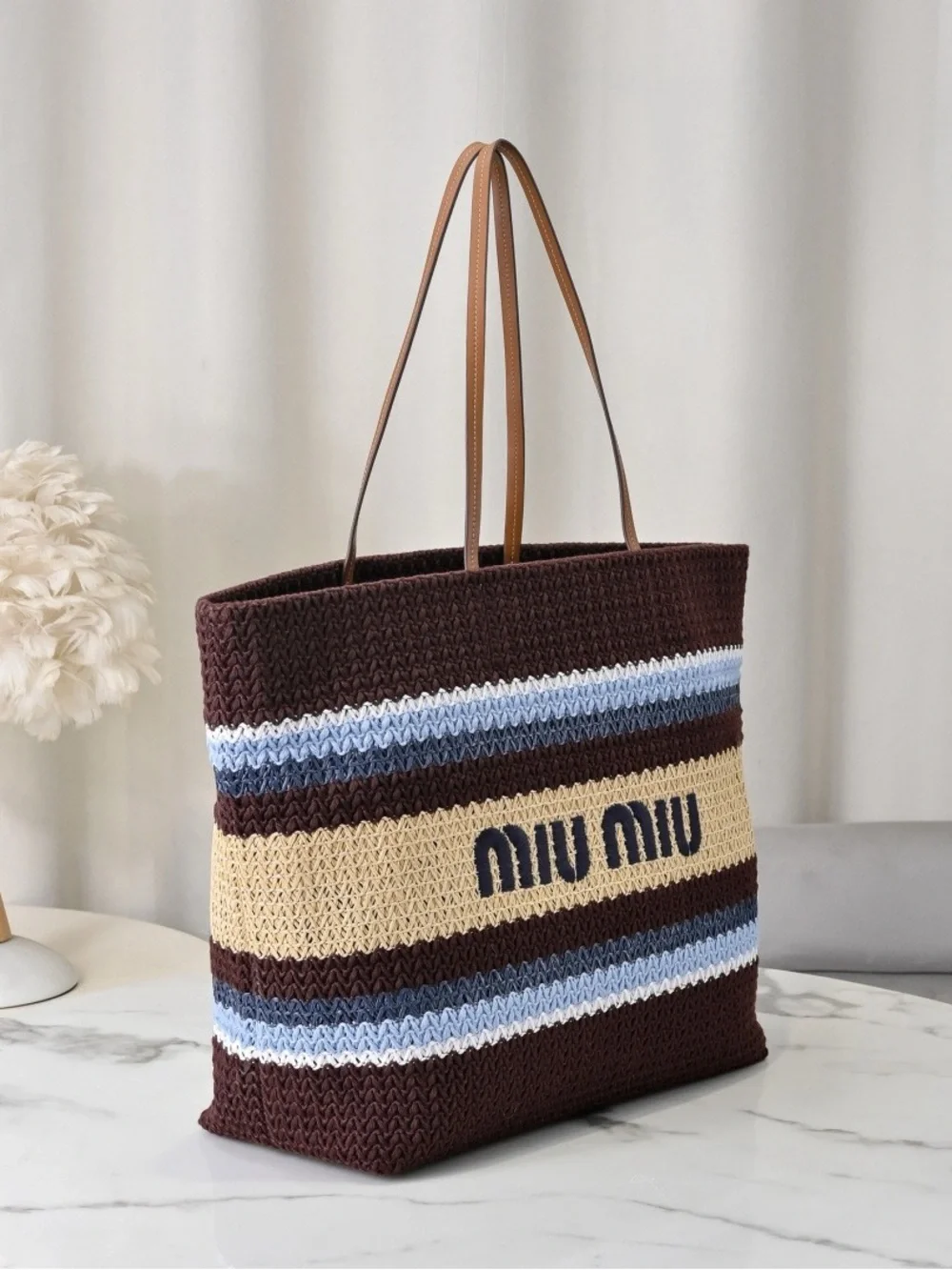 Miu Miu Brown, Cream & Blue Striped Woven Tote with Logo